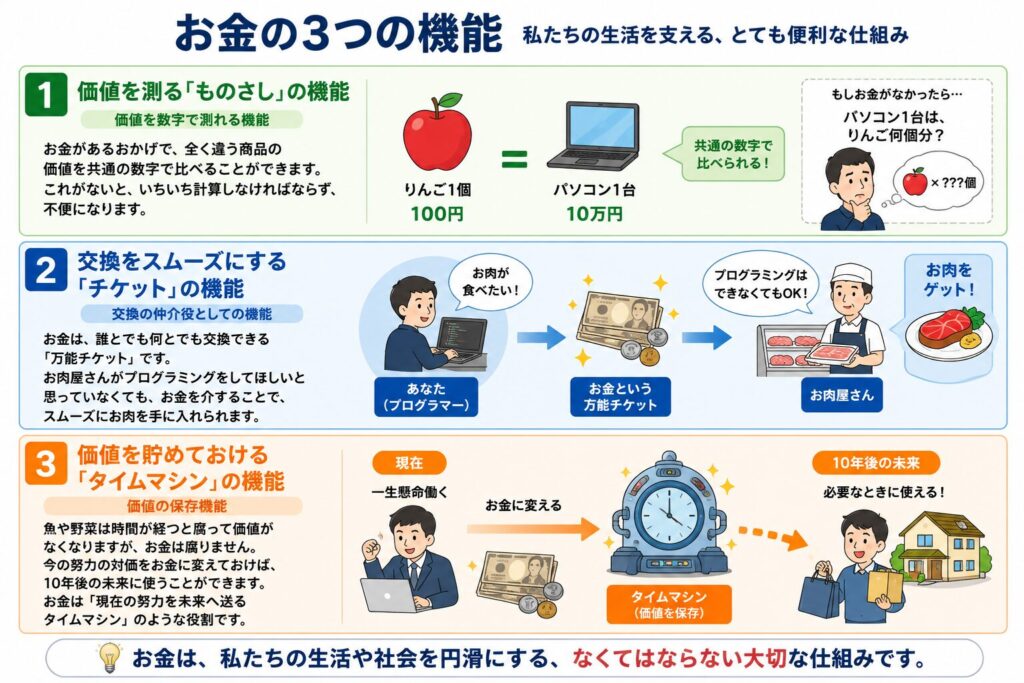 お金の3つの機能を解説した図解インフォグラフィック。緑・青・オレンジの3つのエリアに分かれ、「価値を測るものさし」「交換をスムーズにするチケット」「価値を貯めておけるタイムマシン」の役割をイラスト付きで説明。りんごとパソコンの価格比較、プログラマーとお肉屋さんのお金を介した取引、現在の労働価値を未来へ保存するタイムマシンのイメージを用いて、お金の仕組みを初心者向けに分かりやすく表現している。