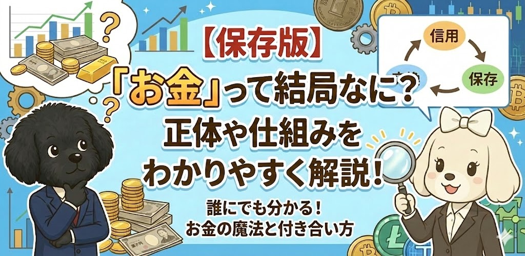 「【保存版】『お金』って結局なに？正体や仕組みをやさしく解説するブログ記事のアイキャッチ画像。スーツ姿の黒い犬と白い犬のキャラクターがコインや紙幣のイラストとともに、お金との付き合い方を紹介している。」