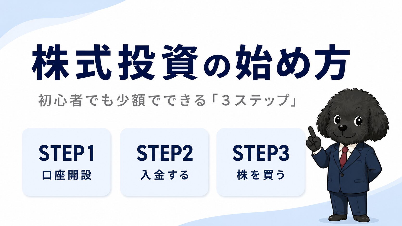 「株式投資の始め方」をテーマにした投資初心者向けブログのアイキャッチ画像。白とネイビーを基調としたミニマルなデザインで、中央上部に大きく「株式投資の始め方」のタイトルを配置。その下に「初心者でも少額でできる『3ステップ』」のサブタイトルをグレーで表示している。下部には淡いブルーの角丸カードが3つ並び、「STEP1 口座開設」「STEP2 入金する」「STEP3 株を買う」とシンプルに記載。右下にはネイビースーツ姿の黒いトイプードルのキャラクターが指を立てたポーズで立っており、親しみやすさと信頼感を演出している。余白を活かした清潔感のある金融教育サイト向けデザイン。