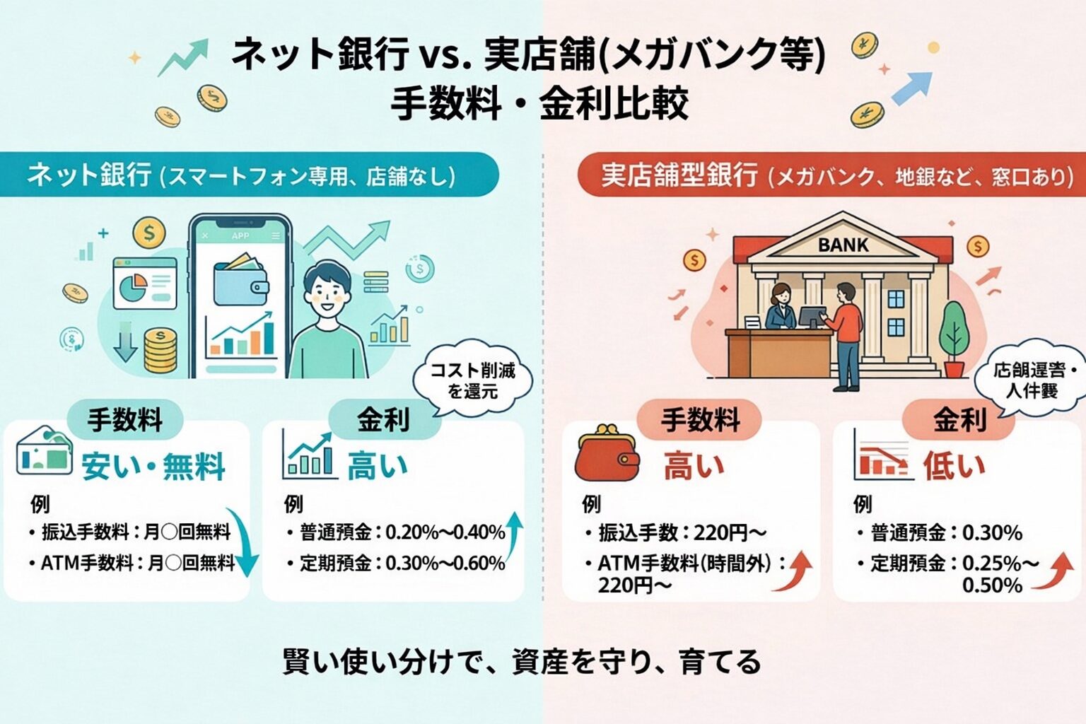 ネット銀行と実店舗型銀行の手数料・金利の比較図。ネット銀行は手数料が安く金利が高いことを示している。