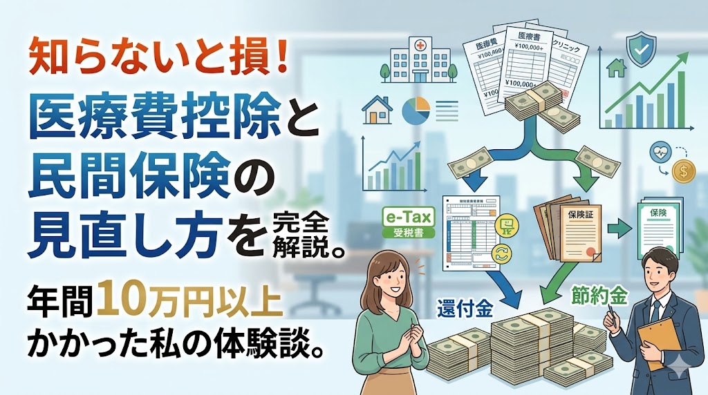 「知らないと損！医療費控除と民間保険の見直し方を完全解説。年間10万円以上かかった私の体験談。」というタイトルのブログアイキャッチ画像。背景はオフィスで、女性が案内し、男性FPが解説しているイラスト。上部に「医療費」の領収書、病院、グラフ、お金の束があり、そこから青い矢印で「e-Tax受領書」を経由して「還付金」のお金の山へ、緑の矢印で「保険証」と「保険」フォルダを経由して「節約金」のお金の山へ繋がるフローチャートが描かれている