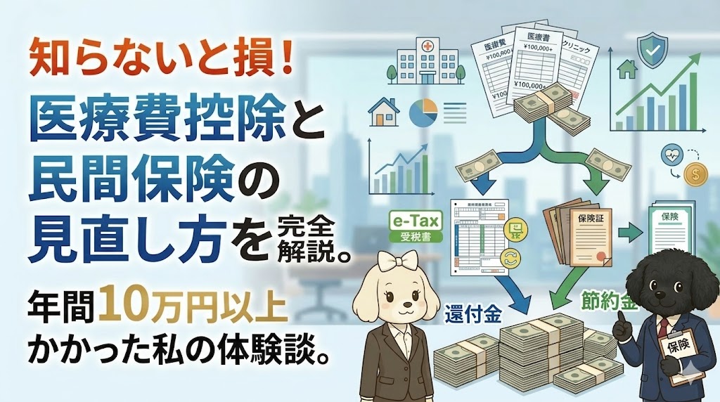 「知らないと損！医療費控除と民間保険の見直し方を完全解説。年間10万円以上かかった私の体験談。」というタイトルのブログアイキャッチ画像。背景はオフィスで、女性が案内し、男性FPが解説しているイラスト。上部に「医療費」の領収書、病院、グラフ、お金の束があり、そこから青い矢印で「e-Tax受領書」を経由して「還付金」のお金の山へ、緑の矢印で「保険証」と「保険」フォルダを経由して「節約金」のお金の山へ繋がるフローチャートが描かれている