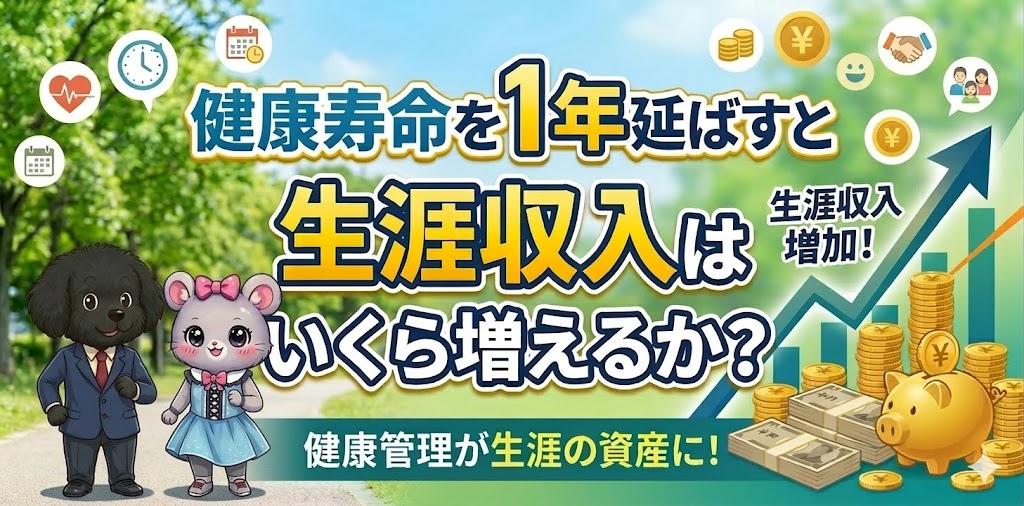 健康寿命を1年延ばすことで生涯年収がどれくらい増えるのかテーマにした資産と健康管理のイメージ画像