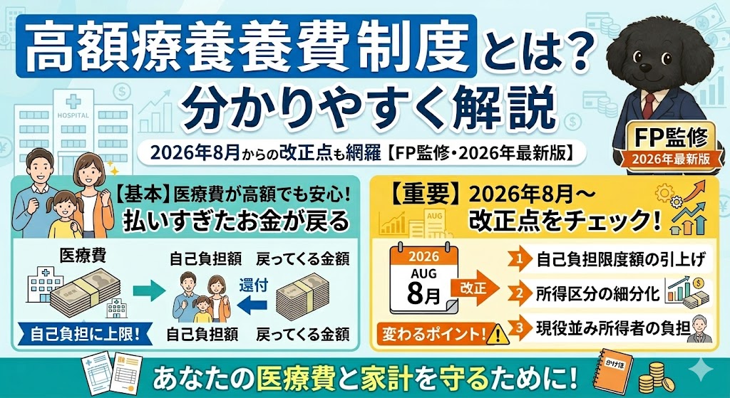「高額療養費制度とは？分かりやすく解説」という大きな見出しのアイキャッチ画像。2026年8月からの改正点（自己負担限度額の引上げ、所得区分の細分化など）を網羅していることを示し、右側にはスーツを着た黒いトイプードルのキャラクターが「FP監修・2026年最新版」というラベルと共に配置されている。