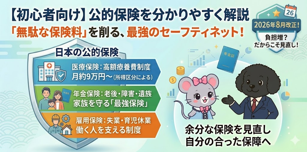 【初心者向け】公的保険の解説図解 日本の公的保険を「最強のセーフティネット」として紹介する画像。主な内容は以下の3点です。 医療保険： 高額療養費制度により、月の支払額が約9万円〜（所得による）に抑えられること。 年金保険： 老後だけでなく、障害や遺族など家族を守る「最強保険」であること。 雇用保険： 失業や育児休業など、働く人を支える制度であること。 右側には犬とネズミのキャラクターが描かれ、「2026年8月改正で負担増の可能性があるため、余分な民間保険を見直し、自分に合った保障へ」と促しています。