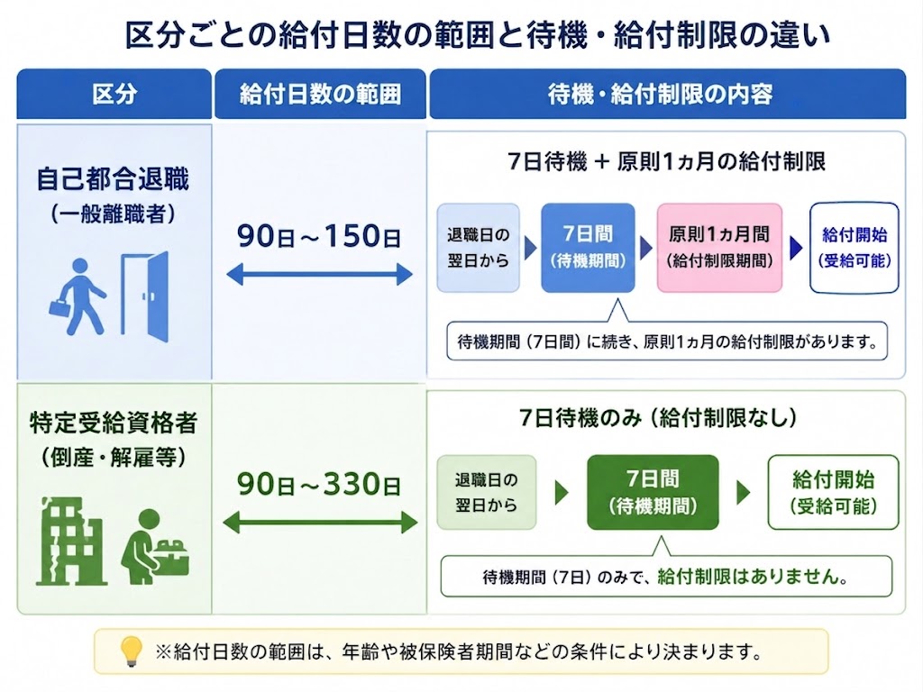 雇用保険の区分ごとの給付日数と待機・給付制限を比較した図。自己都合退職（一般離職者）は給付日数90〜150日、退職日翌日から7日間の待機期間後さらに原則1ヵ月の給付制限を経て受給開始。特定受給資格者（倒産・解雇等）は給付日数90〜330日、7日間の待機期間のみで給付制限なく受給開始。給付日数は年齢や被保険者期間などで決定。

