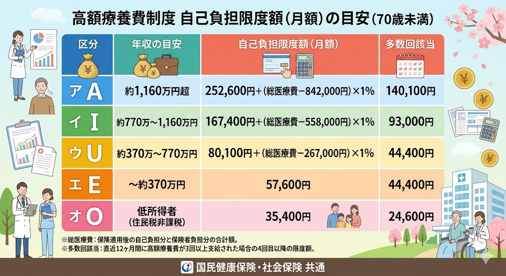 高額療養費制度 自己負担限度額(月額)の目安(70歳未満)の表
この画像は、70歳未満の方を対象とした高額療養費制度の自己負担限度額を、所得区分(年収の目安)ごとにまとめた一覧表です。
表は、所得区分、年収の目安、自己負担限度額(月額)、多数回該当の4つの列で構成されています。
表の構成は以下の通りです。
所得区分 ア(年収約1,160万円超)
自己負担限度額:252,600円+(総医療費-842,000円)×1%
多数回該当:140,100円
所得区分 イ(年収約770万~1,160万円)
自己負担限度額:167,400円+(総医療費-558,000円)×1%
多数回該当:93,000円
所得区分 ウ(年収約370万~770万円)
自己負担限度額:80,100円+(総医療費-267,000円)×1%
多数回該当:44,400円
所得区分 エ(年収~約370万円)
自己負担限度額:57,600円
多数回該当:44,400円
所得区分 オ(低所得者、住民税非課税)
自己負担限度額:35,400円
多数回該当:24,600円
注釈:
総医療費:保険適用後の自己負担分と保険者負担分の合計額。
多数回該当:直近12ヶ月間に高額療養費が3回以上支給された場合の4回目以降の限度額。
画像の下部には「国民健康保険・社会保険 共通」と記載されており、表の左右には医師や看護師、患者などのイラストが描かれています。