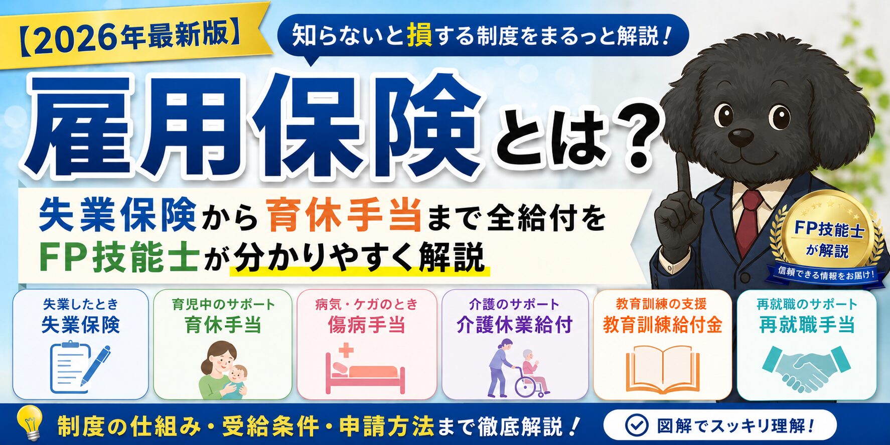 雇用保険の全給付を解説する2026年最新版のアイキャッチ画像。青を基調としたデザインに「雇用保険とは？」の大見出し、失業保険・育休手当・傷病手当・介護休業給付・教育訓練給付金・再就職手当の各制度アイコンを配置。右側には指を立てて説明するスーツ姿の黒い犬キャラクターと「FP技能士が解説」のメダルがあり、制度の仕組み・受給条件・申請方法まで分かりやすく紹介している。