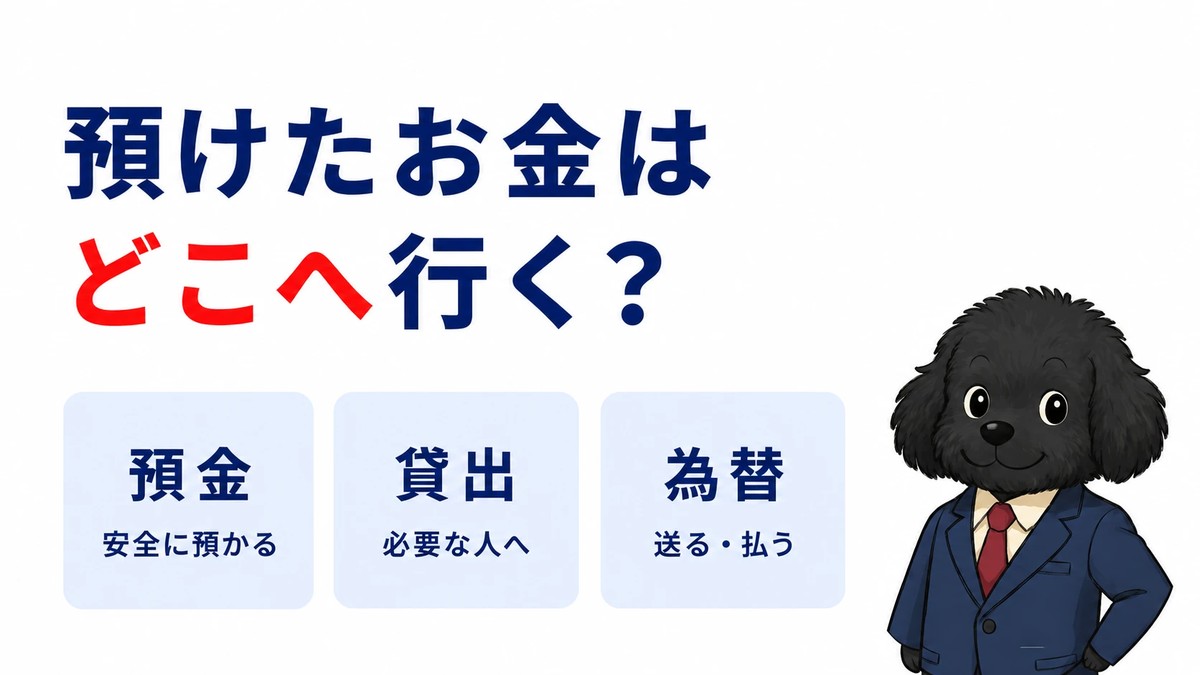 預けたお金はどこへ行く？銀行の3大業務（預金・貸出・為替）を紹介する記事のアイキャッチ。スーツ姿のマスコット犬よ～ちゃん