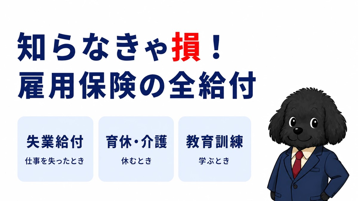 知らなきゃ損！雇用保険の全給付。失業給付・育休/介護・教育訓練の3つの場面で使える給付を紹介する記事のアイキャッチ。スーツ姿のマスコット犬よ～ちゃん